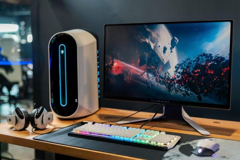 Dual monitor setup with proper monitor arms and lighting